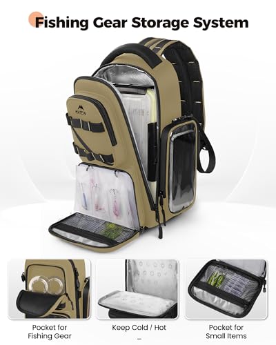 MATEIN Fishing Sling Bag with Phone Pouch, 3600 Tackle Box Backpack | Tackle Bag with Removable Bait Binder, Fishing Bag with Lure Rod Holder, Cooler Compartment, Waterproof, Women Fishing Gifts - color: Khaki & Black
