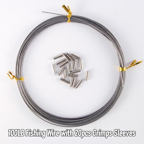 Alwonder 32.8ft Fishing Wire Fishing Leader Line with 20pcs Crimps Sleeves, Nylon Coated 1x7 Stainless Steel Leader Wire Freshwater Saltwater for Pike, Billfish, Bluefish, Muskie, Wahoo - size: 100LB