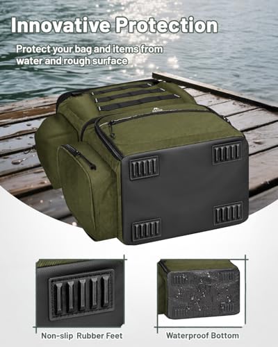 MATEIN Fishing Backpack with 4 Tackle Boxes, Fishing Bag with Rod Holder | 3600 Tackle Box 4 Pack, Water Resistant Tackle Backpack with Cooler Compartment, Safety Compass, Gifts for Fishermen - color: Olive Green