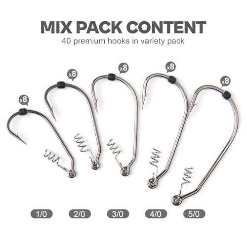 Weedless Swimbait Hooks with Screw Lock & Bait Stopper- 1/0 2/0 3/0 4/0 5/0 6/0 7/0 Sizes Worms Hooks for Bass Fishing - size: Mix - 40Pack