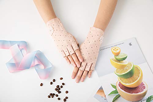 Gongxue 4 Pairs Women Sunscreen Fingerless Gloves UV Protection Driving Riding Fishing Cotton Mittens - color: Light Pink