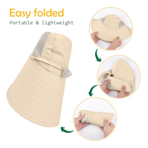 Kids Sun Hat UPF50+ Summer Beach Play Sun Protection Hats with Neck Flap for Ages 5~14 Girls Boys - color: Beige