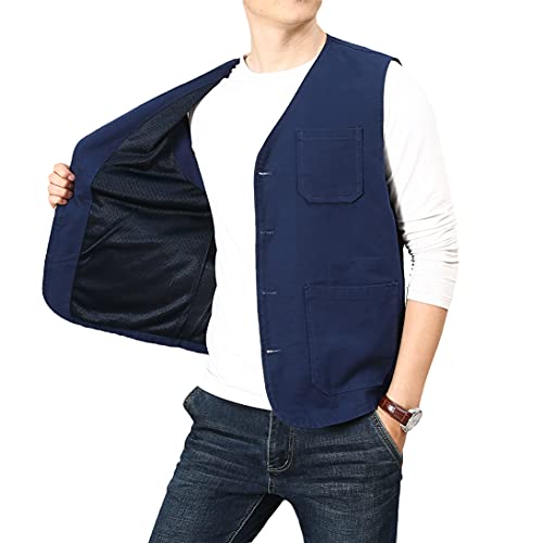 PRIJOUHE Men's Casual Outdoor Cotton Vest Lightweight Breathable Multi-Pocket Fishing Safari Travel Vests Outwear - color: 02-navy, size: X-Large