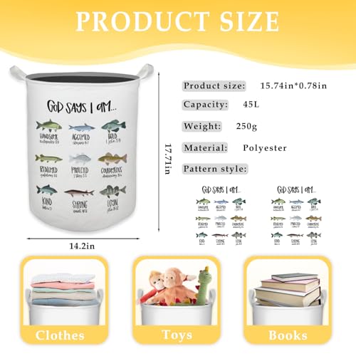 God Says I Am Fish Laundry Basket, Toybox for Boys Room, Christian Laundry Basket Hamper Waterproof Collapsible Clothes Toys Storage Bin Organizer for Bedroom Bathroom Kids Room Dorm