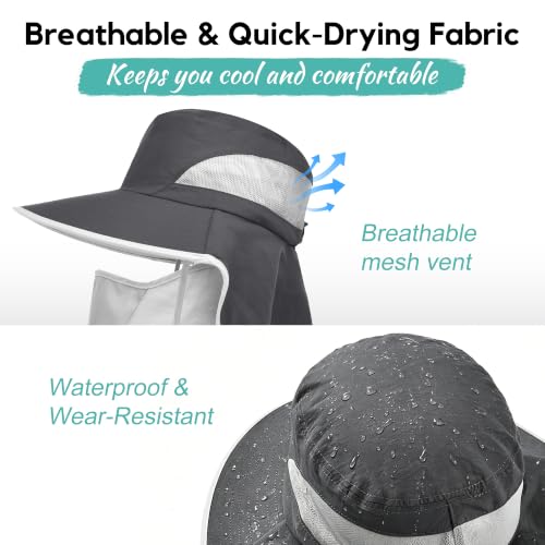 2 Pack Women Men Outdoor Wide Brim Sun Hat with Neck Face Flap,UPF 50+ Protection Fishing Garden Work Hat with Ponytail Hole - color: Dark Grey & Light Grey