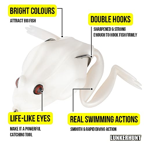 Lunkerhunt - Topwater Fishing Lures for Bass Trout Fishing | Combat Frog Lure for Big Fish | Award Winning Hollow Body Frog Fishing Bait with Weedless Hooks - color: Pearl