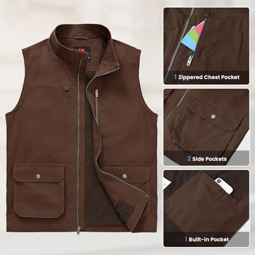 TBMPOY Men's Lightweight Vest Cotton Stylish Sleeveless Travel Casual Work Canvas Outerwear Utility Jacket Fishing Hiking - color: Coffee, size: Medium