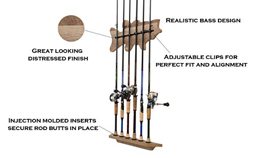 Old Cedar Outfitters Fish-Shaped, Vertical Wall Rod Rack for Fishing Rod Storage - color: Distressed,Bass