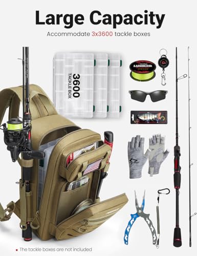 Piscifun Fishing Backpack Tackle Bag with 2 Rod Holders, Multi-Compartment Storage, MOLLE System, Water-Resistant Lightweight Outdoor Pack - color: Double Shoulder - Khaki, style: Standard