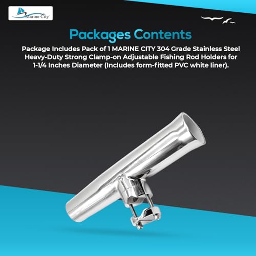 MARINE CITY Clamp-On Fishing Rod Holder, Heavy Duty 304 Stainless Steel Adjustable Mount, Corrosion Resistant for Boats, Ships & Yachts