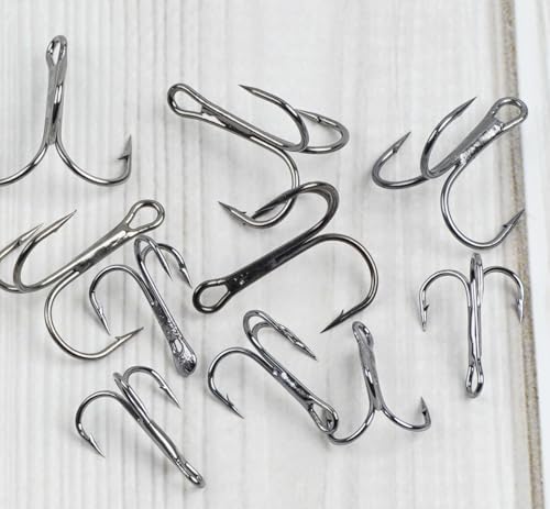 70pcs Fishing Treble Hooks Kit for Saltwater Freshwater, High Carbon Steel Barbed Treble Hooks Strong Sharp Round Bend Triple Fishing Hooks for Catfish Bass Trout Hard Baits Lures