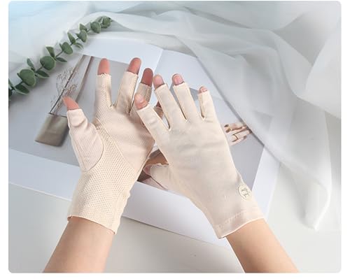 Women Fingless UV Protection Sunblock Gloves,Non-Slip Driving-Gloves Cyling - color: Apricot