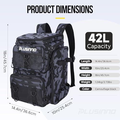 PLUSINNO Fishing Tackle Backpack with Rod Holders,42L Water-resistant Fishing Bag Store Fishing Gear, Fisher Gifts For Men. - color: Black Camouflage.
