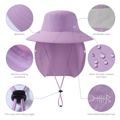 BASSDASH UPF 50+ Breathable Sun Hat with Removable Face Cover and Neck Flap Wide Brim Bucket Hat for Fishing Hiking Men Women - color: Light Purple