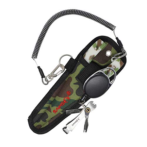 SAMSFX Locking Fishing Pliers Saltwater Resistant Teflon Coated Briad Line Cutters with Wire Coiled Lanyard, Sheath & Quick Knot Tool Combo - color: Army Green Camouflage
