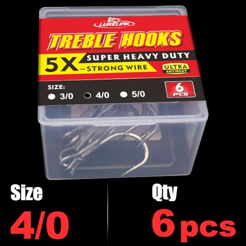 Fishing-Treble-Hooks-5X-Extra-Strong-Heavy-Duty Ultra Anti-Rust Bulk Hooks for Saltwater and Freshwater Fishing Sizes 5/0 to #8 - size: 4/0 6-Pack