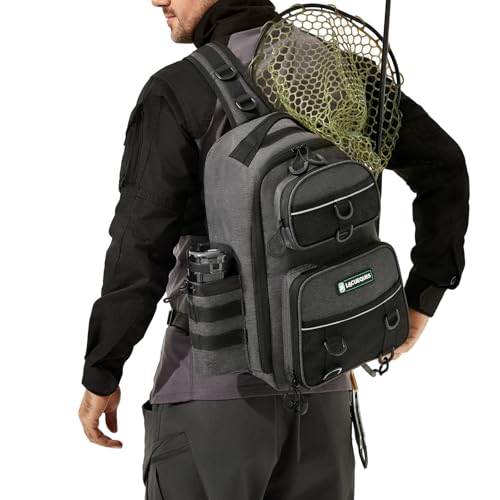 22L Wading Fishing Tackle Sling Bag, Holds 3x 3700 Boxes, Grey | Hands Free Lure Casting, Large Crossbody Shoulder Backpack with Rod Holder, Water Bottle Holder, 12 Heavy Duty D Rings - color: Grey