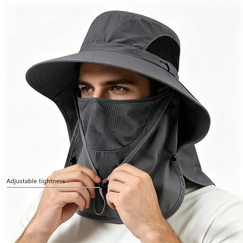 Sun Hat for Men and Women, UPF 50+ UV Protection, Wide Brim Breathable, Fish Hat with Neck Flap and Breathable Face Mask - color: Dark Gray