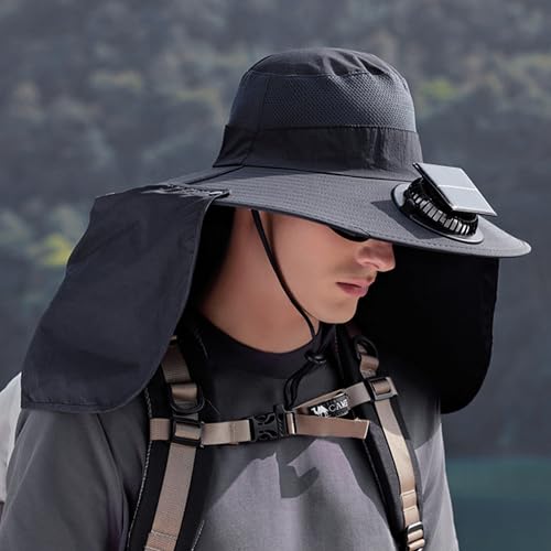 Extra Wide Brim Solar Fan Hat, Mens Fishing Hat with Fan, Neck Flap Sun Hat, UPF 50+ Solar Powered Cooling Cap Fisherman Hats - color: Deep Gray With Neck Flap