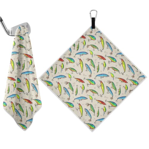 Fish Hook Blue Beige Pattern Magnetic Golf Towel for Men, 17.7"x17.7" Golf Bag Towel with Hidden Magnet & Carabiner Clip, Heavy Duty Golf Club Cleaner - color: Fish Hook Blue Beige