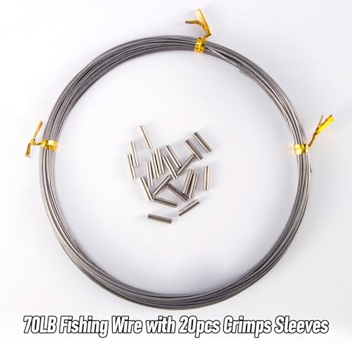Alwonder 32.8ft Fishing Wire Fishing Leader Line with 20pcs Crimps Sleeves, Nylon Coated 1x7 Stainless Steel Leader Wire Freshwater Saltwater for Pike, Billfish, Bluefish, Muskie, Wahoo - size: 70LB