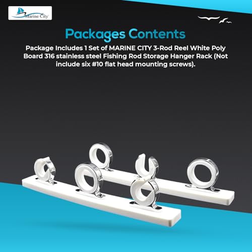 MARINE CITY Fishing Rod Storage Hanger Rack, 3-Rod Reel with White Poly Board, 316 Stainless Steel, Length 2.71 Inches for Boats Yachts Cars & Marine Use - color: 3 Rod (Stainless-Steel, Silver)