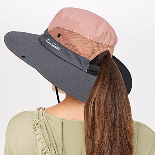 Sun Hat for Women Summer UV Protection Beach Hat Wide Brim Mesh Bucket Fishing Hat with Ponytail Hole Foldable Packable Hat - color: Blue+pink(with Ponytail Hole)