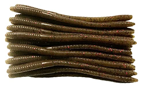 20 Pcs 6.25" Drop Shot Finesse Worms (Scented, Floats) Soft Plastic Baits for Bass Fishing - color: Green Pumpkin/Red Flakes