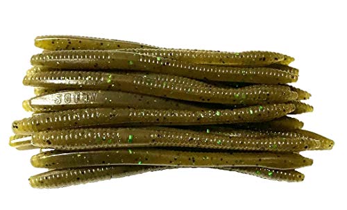 20 Pcs 6.25" Drop Shot Finesse Worms (Scented, Floats) Soft Plastic Baits for Bass Fishing - color: Green Pumpkin w/Green Flakes