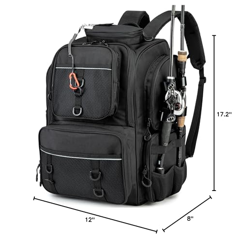 WANOON Fishing Backpack, fishing bag with Rod Holders. Large tackle Backpack Strong Materials - color: Black, size: 42L-Without Tackle Boxes