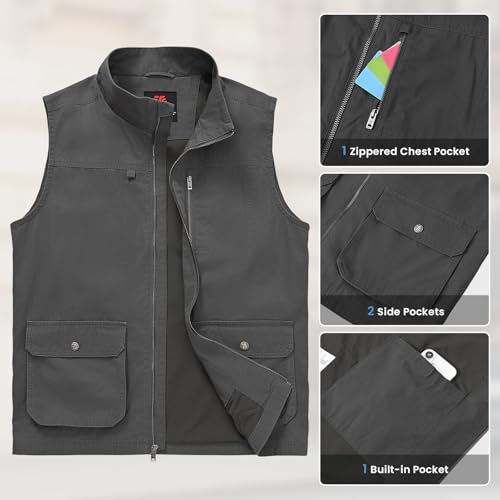 TBMPOY Men's Lightweight Vest Cotton Stylish Sleeveless Travel Casual Work Canvas Outerwear Utility Jacket Fishing Hiking - color: Deep Gray, size: Large