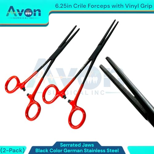 Set of 2pcs Crile Hemostat Forceps 6.25in Black Stainless Steel, Red Vinyl Grip | Multi-Purpose Locking Pliers for Lab, Crafts, Fishing