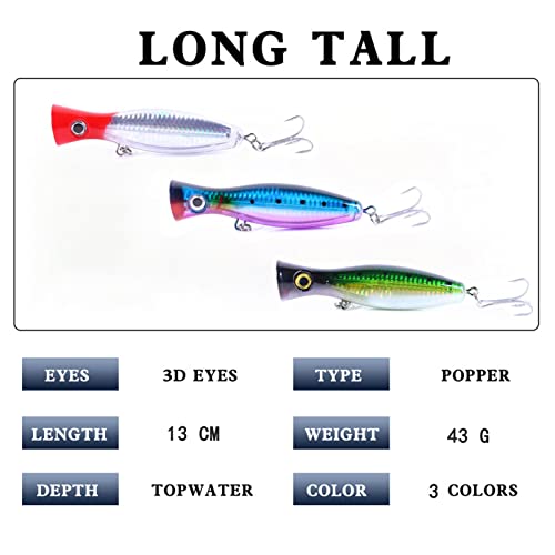 Popper Fishing Lure Set, 3 PCS Topwater Popper Lures 3D Eyes Fishing Accessories for Saltwater Surface Casting and Freshwater Fishing Gt Tuna Kingfish Large Predator Fish (5.11in, 1.48Oz) - color: A