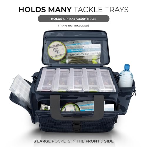 Reaction Tackle Camo Fishing Tackle Bag, Water Resistant Soft Tackle Storage Bag with Removable Dividers for 3600 and 3700 Trays