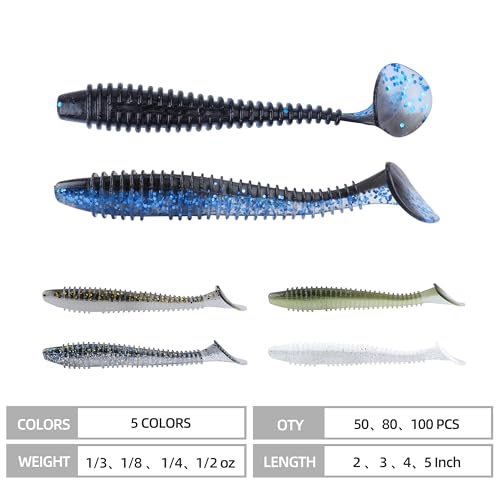 Paddle Tail Swimbaits 100/80/50PCS, 5/4/3/2 inch Soft Fishing Lures Bulk Pack – Durable Lifelike Action Lures for Bass, Trout, Crappie – Freshwater & Saltwater Fishing Gifts - color: Blue-Black, size: 2in, 100pcs