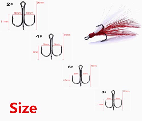 Fishing Treble Hooks Feather Dressed: 20pcs/Box Feathered Treble Hook Size 2 4 6 8 with Split Rings Replacement for Fishing Lure Spinner Spoon Crankbait Making - color: Red and White, size: 2#