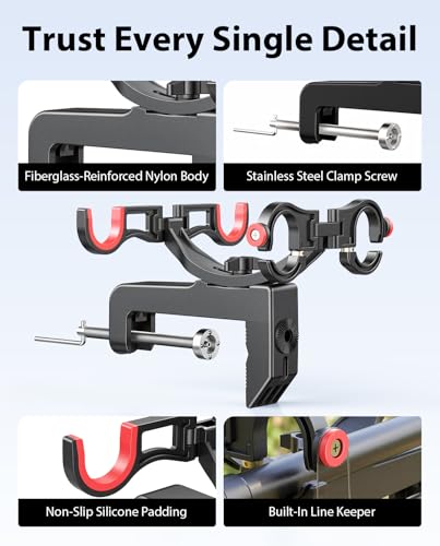 Clamp On Fishing Rod Holder for Boat Canoe Pontoon Kayak Dock | 360° Adjustable, Heavy Duty, Round & Square Rail Mount, Saltwater Safe - color: Dual Rod Holder- 2 Pack