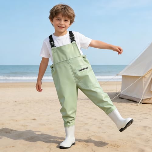 SooGree Kids Chest Wader with Non-Slip Boots,Youth Fishing Hunting Waterproof Waiters, Children Boys Girls Breathable Waders - color: Candy Green, size: Foot length:6.89";Height:35.43"-43.3"