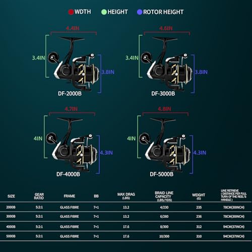 Ashconfish DF Series Spinning Reel Saltwater & Freshwater Fishing Reel, Lightweight Nylon/Fiberglass Frame, 7+1BB, 5.2:1 Gear Ratio,Long-Distance Casting DF - size: 4000, style: Shallow Spool Line Cup(dfb)