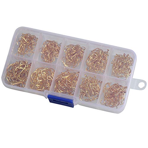 500pcs Small Fishing Hooks Black High Carbon Fishing Hooks Set 10 Sizes with a Plastic Box (500pcs Gold)