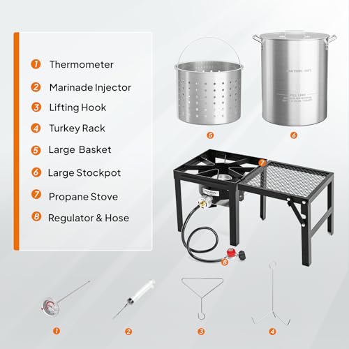 ROVSUN 30QT Turkey Fryer with 55,000BTU Propane Stove, Aluminum Deep Fryer & Seafood Crawfish Boiler Steamer with Basket, Thermometer, Marinade Injector, Turkey Rack & Rack Lifter for Outdoor Cooking - size: 30QT