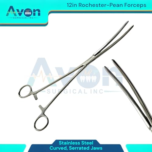 12inch Rochester-Pean Hemostat Forceps, Curved with Serrated Jaws - Lock-Ratcheting - Multi-Use, for Fishing, Veterinary, Crafts, and More - Stainless Steel (1 Each)