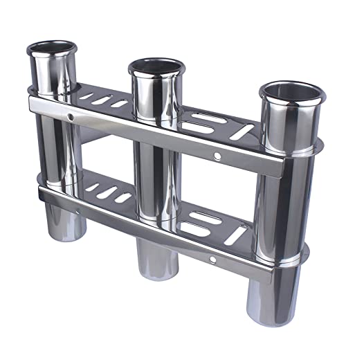 3 Tubes Fishing Rod Holder for Boat, 304 Stainless Steel 3 Tubes Linked Fishing Rod Rack Wall-Mounted Fishing Pole Holder with Tools Storage for Marine Boat Yacht RV