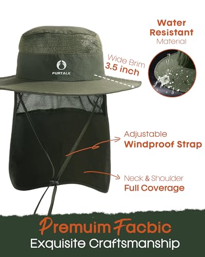 FURTALK Sun Hats for Men Women Fishing Hat with Neck Flap UPF 80+ Breathable Wide Brim Hiking Safari Summer Bucket Hats - color: Green