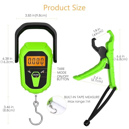 Fish Scale with Lip Gripper, Waterproof Digital Fish Scale, 110lb/50kg Hanging Fish Weight Scale, Portable Luggage Scale with Tape Measure, LCD Backlit, Batteries, for Home Fishing, Green - color: Green