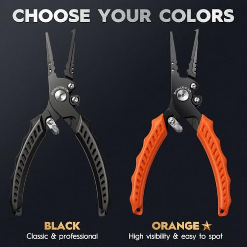 BasicGear Fishing Pliers, 17-4 PH Stainless Steel Saltwater Pliers, Braid Cutter, Split Ring Tool, Corrosion Resistant, One-Hand Operation (6.3" Compact (Light Fishing) - Orange) - size: 6.3" Compact (Light Fishing) - Orange