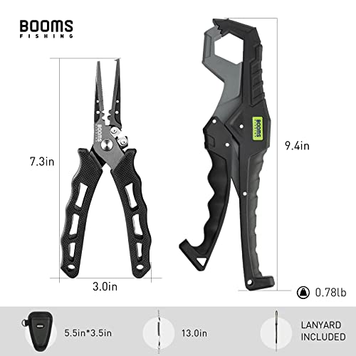 Booms Fishing F07S Pliers and Fish Lip Gripper Combo, Hook Remover, Split Ring Pliers, Stainless Steel Saltwater Tools With Lanyard and Sheath, Gift for Men