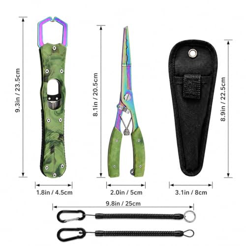 YINEE Fishing Pliers and Fish Lip Gripper Set, Stainless Steel Fishing Gear, Saltwater Hook Remover Split Ring Tool - color: Green-Fishing Pliers&Fish Lip Grippe