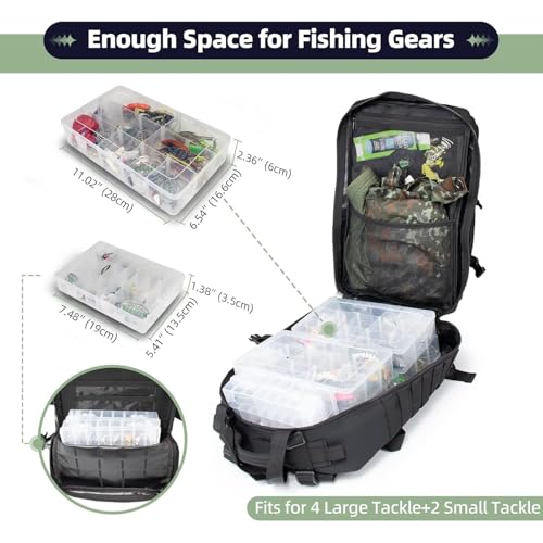 TBNBO 45l Large Fishing Tackle Backpack with Removable Plier Holder & Rod Holders, Fishing Gear and Tackle Box Organizer, Hiking Rucksack without Tackle Box,Black Tactical Bag - color: Black
