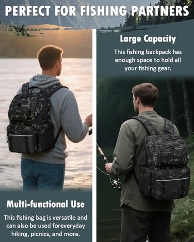 HAMBOLY Fishing Backpack with Tackle Boxes, 50L Fishing Tackle Bag with Cooler & Rod Holders, Waterproof Tackle Bag for Men - color: Dark CM